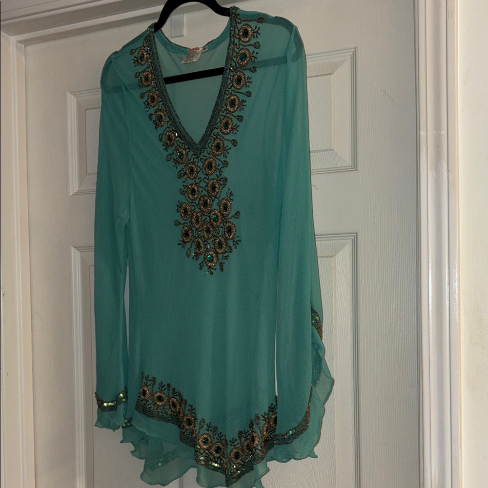 Mexican Embroidered And beaded Teal Sheer Women's Top